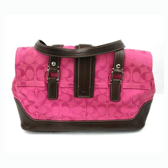 Coach Pink Signature C Canvas Leather Footed Shoulder Bag Handbag - Picture 3 of 14